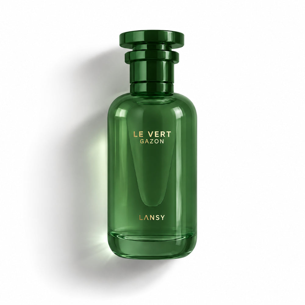 LANSY Le Vert Gazon green perfume bottle with dark green cap on a white background.