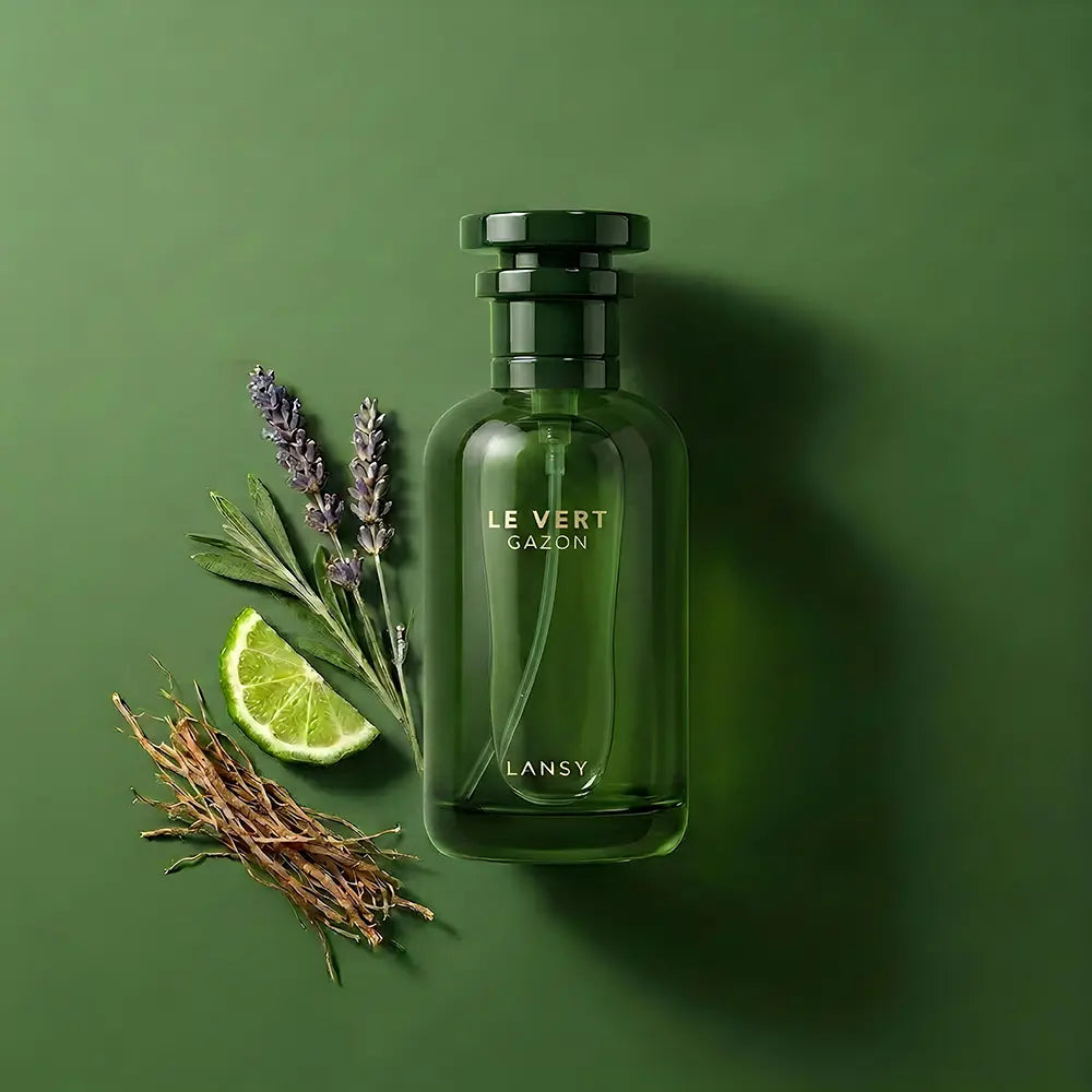 Green LANSY perfume bottle with herbs and a lime wedge on a green background