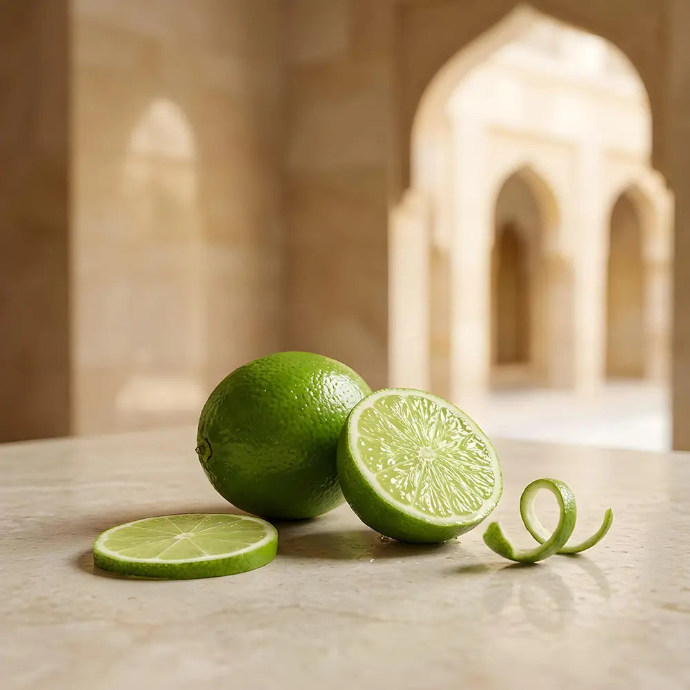 Green limes with a sliced lime on a wooden surface, blurred architectural background