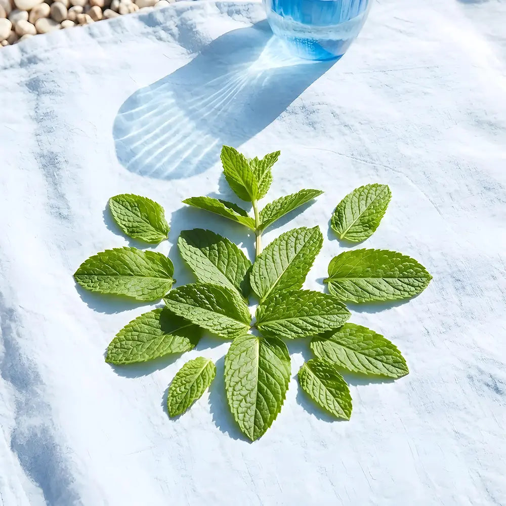 Green leaves arranged in a circular pattern on a white fabric surface.