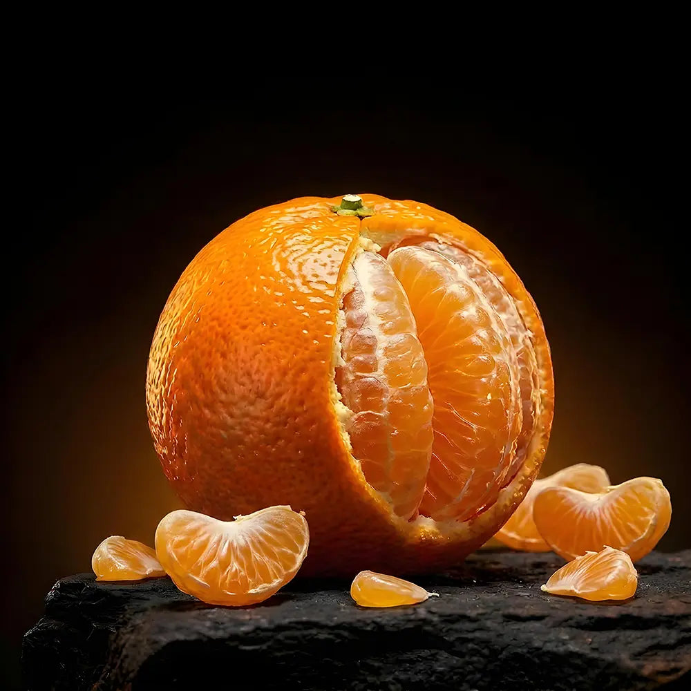 Peeled mandarin orange with segments on a dark textured surface.