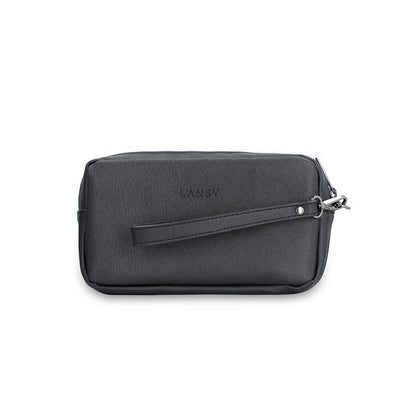 Black handbag with a strap on a white background