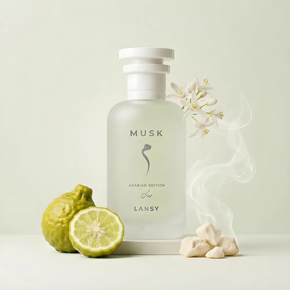 Lansy Musk perfume bottle with lemons and flowers on a light background