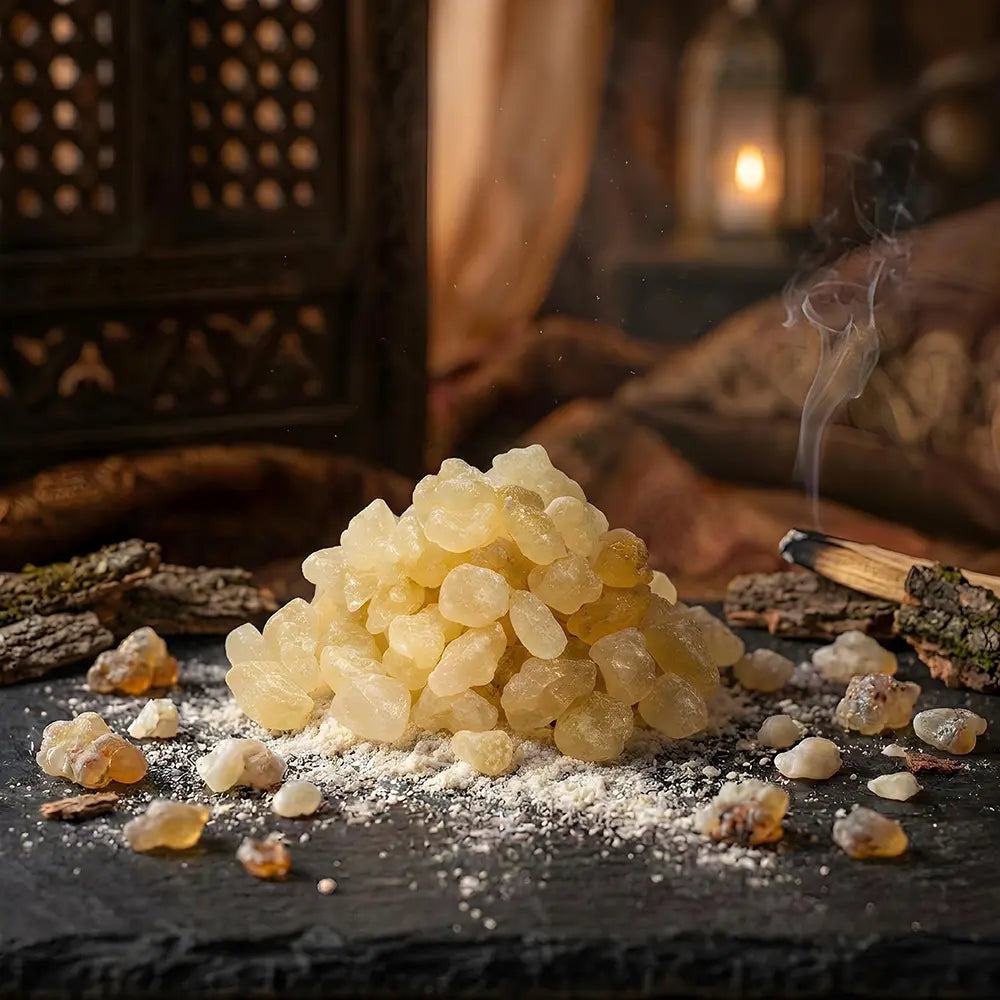 Heap of frankincense resin with a lit incense stick on a dark surface, warm lighting.