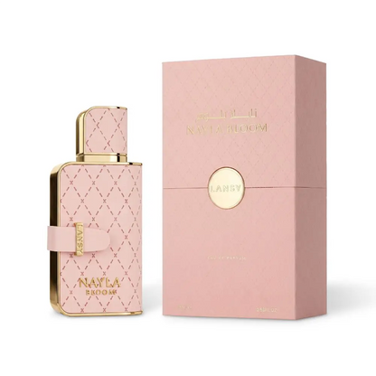 LANSY Nayla Bloom Eau de Parfum bottle with matching pink quilted gift box and gold trim.
