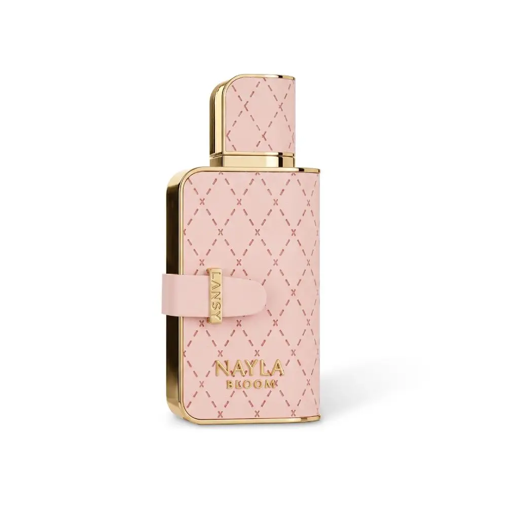 LANSY Nayla Bloom perfume bottle with pastel pink quilted design and elegant gold trim.