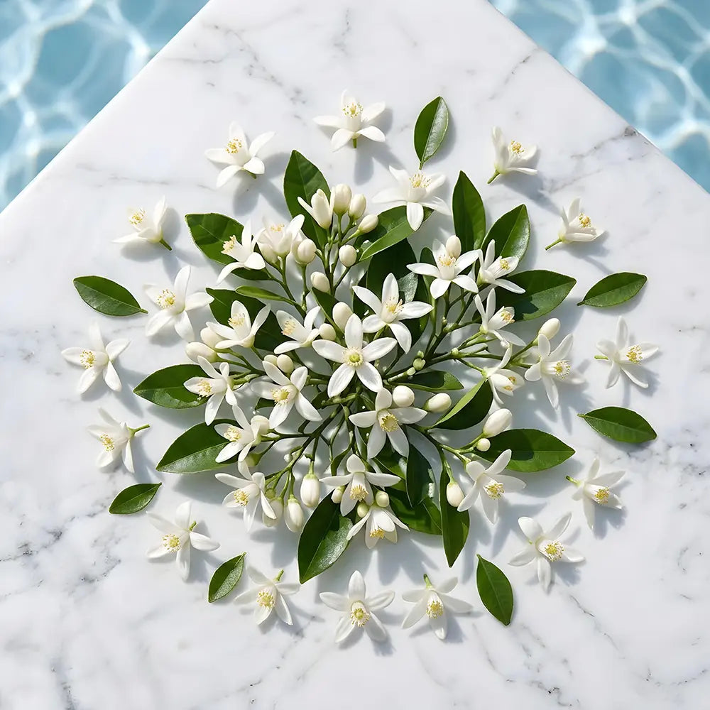 White flowers and green leaves arranged on a marble surface with a blue water background