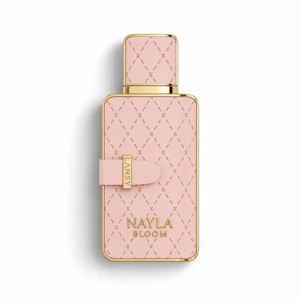 LANSY Nayla Bloom perfume bottle with pastel pink quilted design and elegant gold trim.