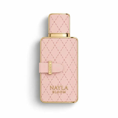LANSY Nayla Bloom perfume bottle with pastel pink quilted design and elegant gold trim.