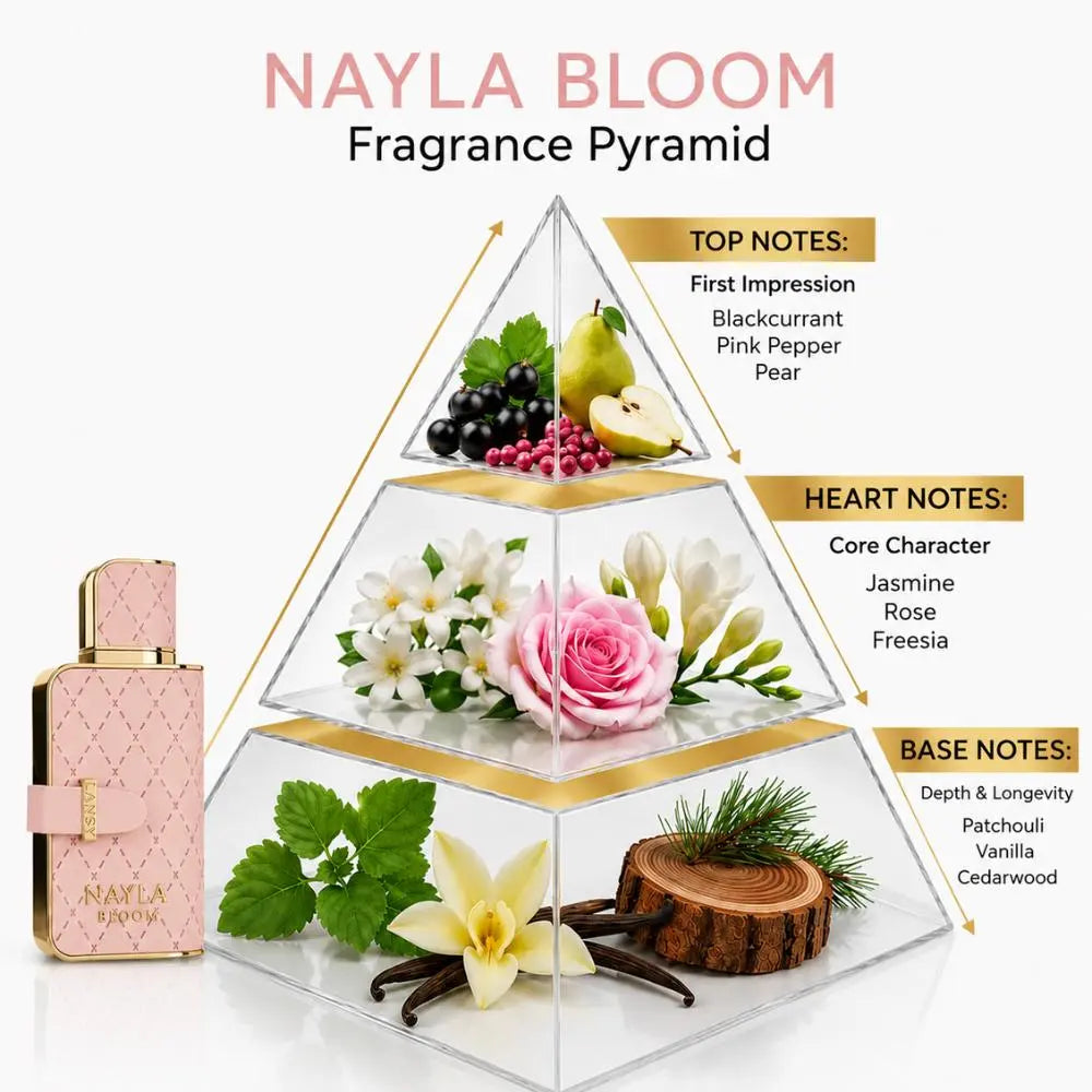 Nayla Bloom Fragrance Pyramid infographic showing a clear pyramid filled with layered botanical and floral elements, alongside a pink perfume bottle on a white background with scent notes labeled for top, heart, and base notes.