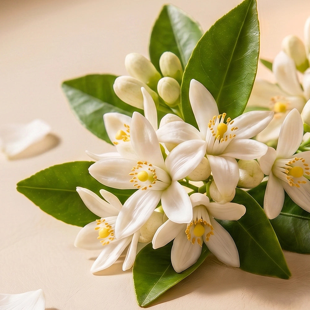White orange blossoms with yellow centers and green leaves on a warm beige surface.