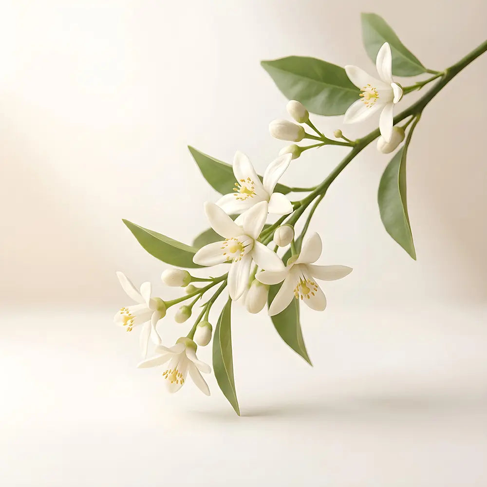 Branch of white flowers with green leaves on a light beige background