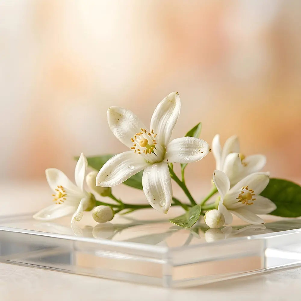 White flowers on a clear glass surface with a blurred background