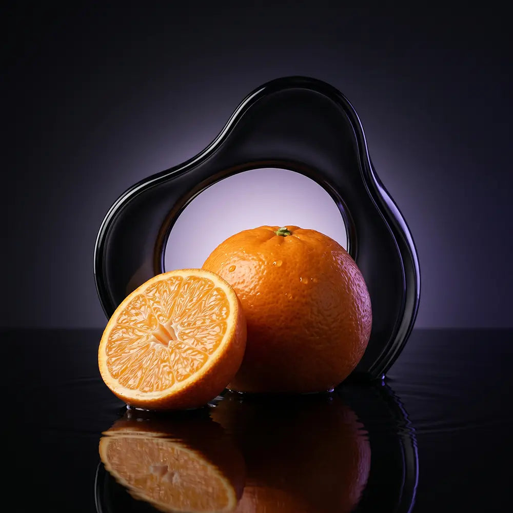 Whole and halved orange with juice droplets on a dark reflective surface.