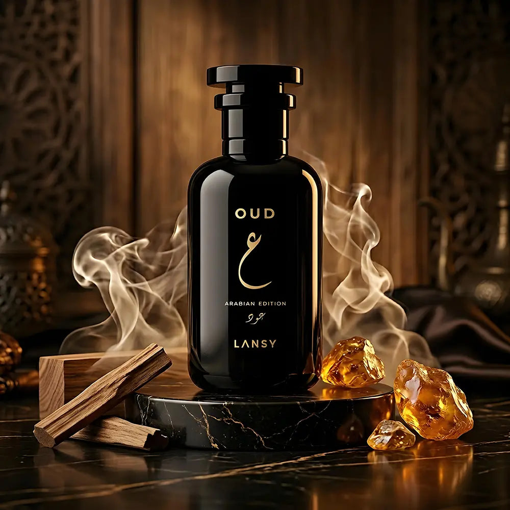 Lansy Oud perfume bottle with smoke and amber stones on a dark surface