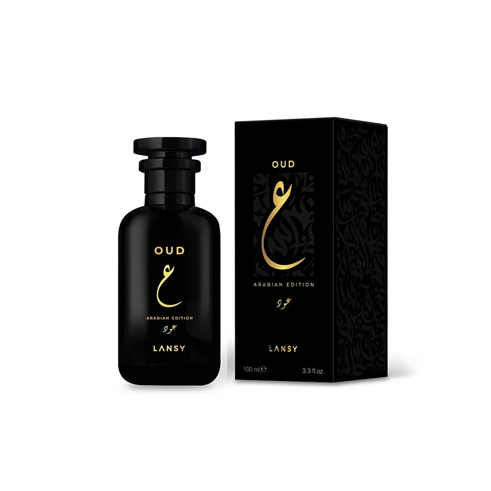 Lansy Oud Arabian Edition perfume bottle and packaging on a white background
