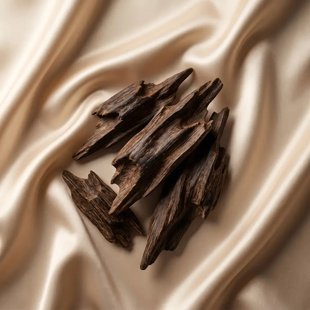 Dark brown wood chips arranged on champagne satin fabric.