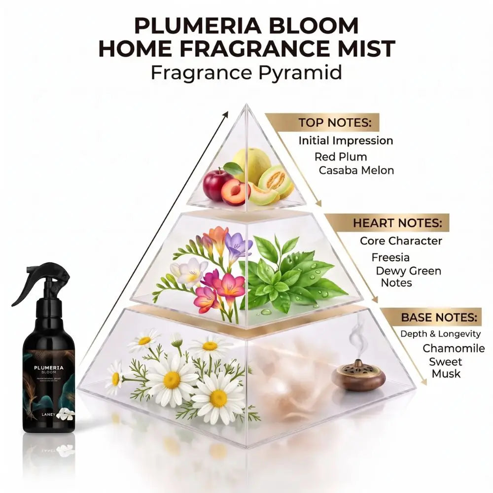 A promotional graphic for Plumeria Bloom Home Fragrance Mist showing a clear fragrance pyramid with illustrated scent notes and a black spray bottle labeled Plumeria Bloom on a white background.