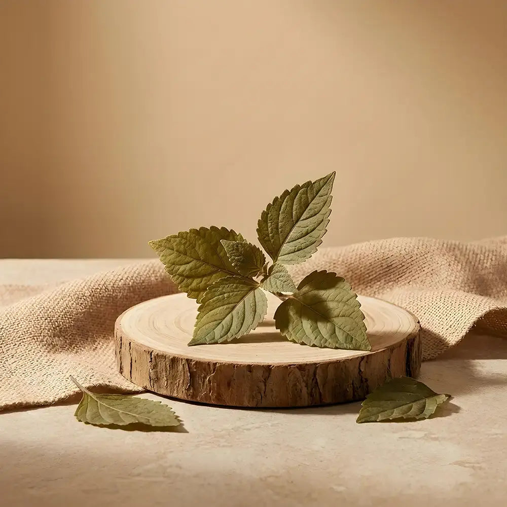 A wooden platform with patchouli leaves on a beige background
