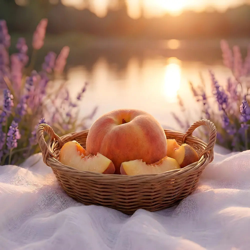 Basket of peaches on a blanket with lavender and sunset in the background