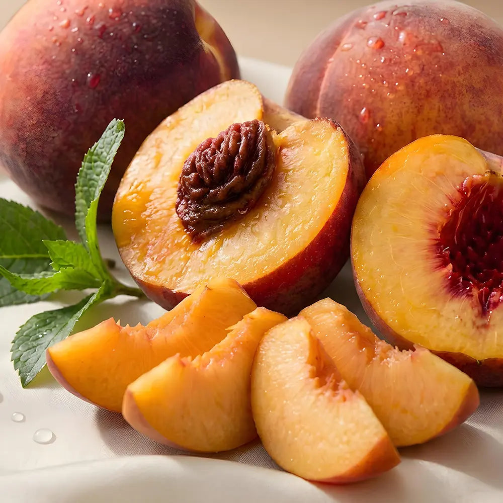 Peaches and slices of peach on a white plate with a mint leaf.