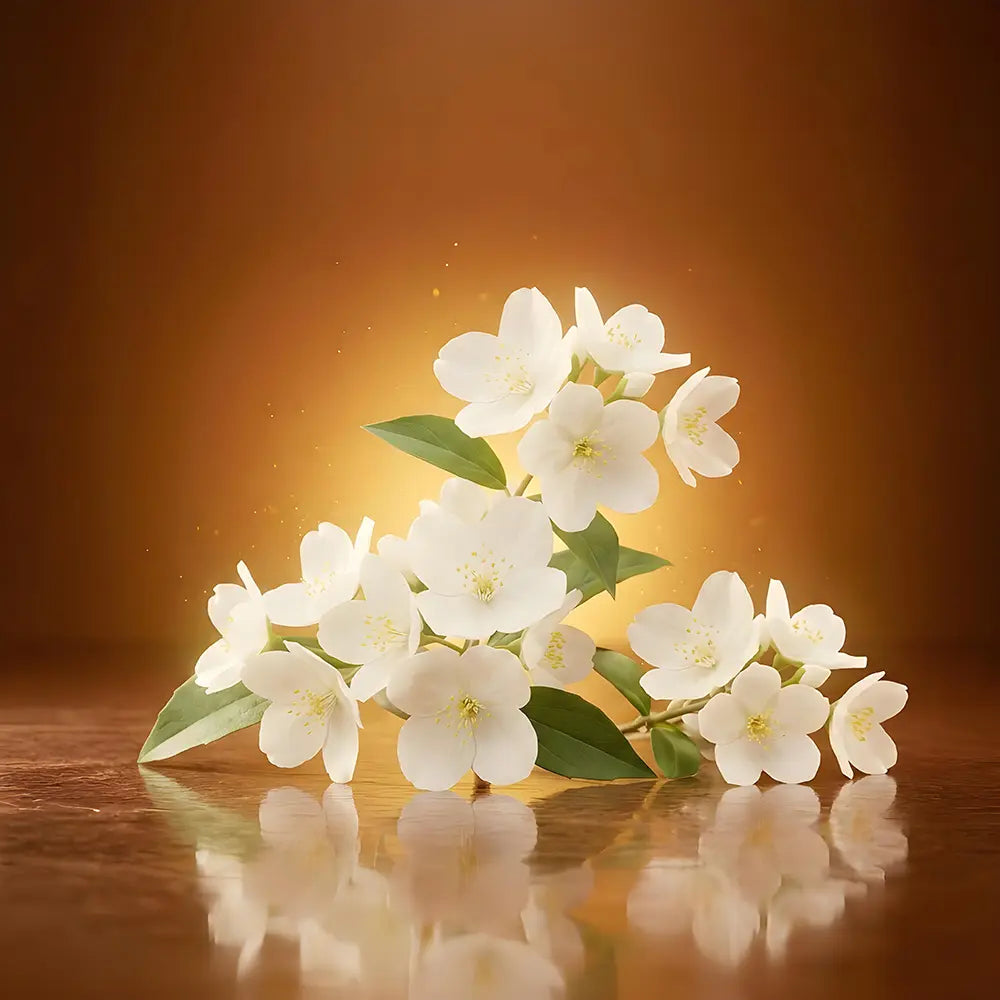 White flowers with green leaves on a reflective surface and brown background