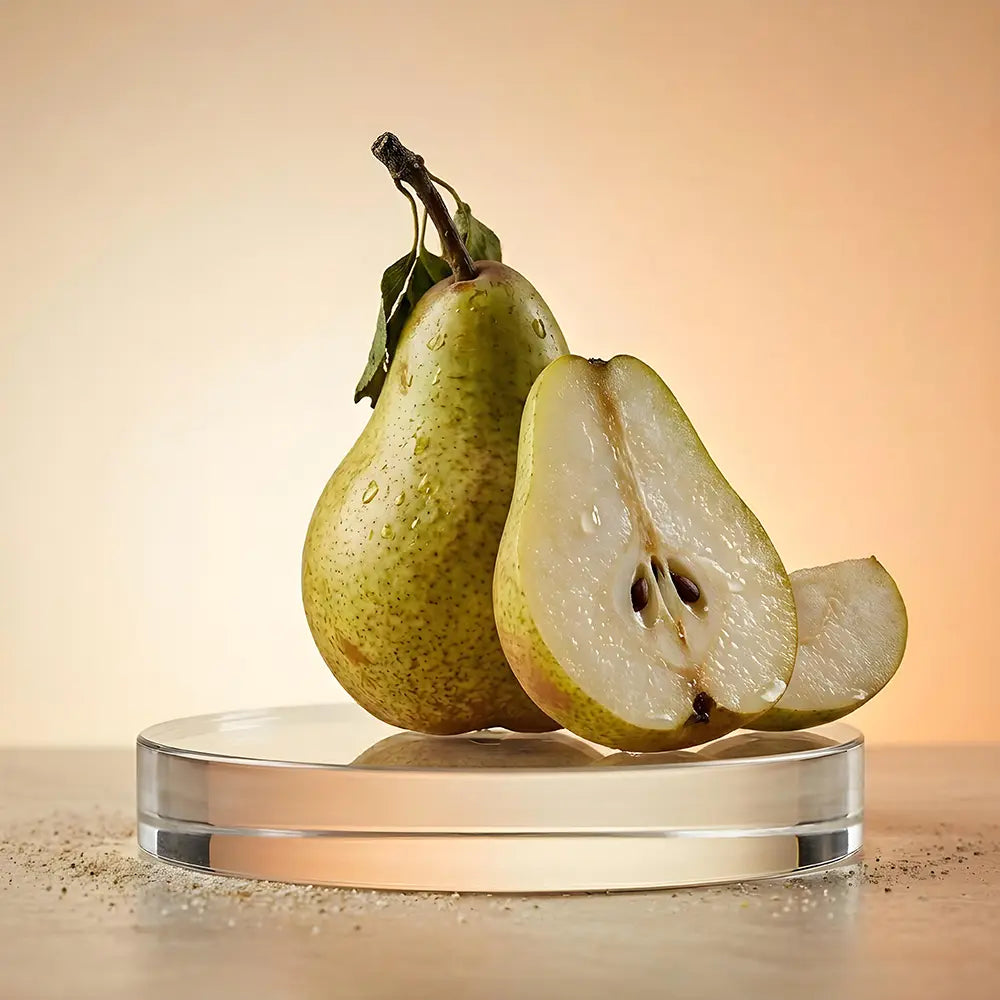 Two pears, one whole and one sliced, on a clear stand with a warm gradient background.