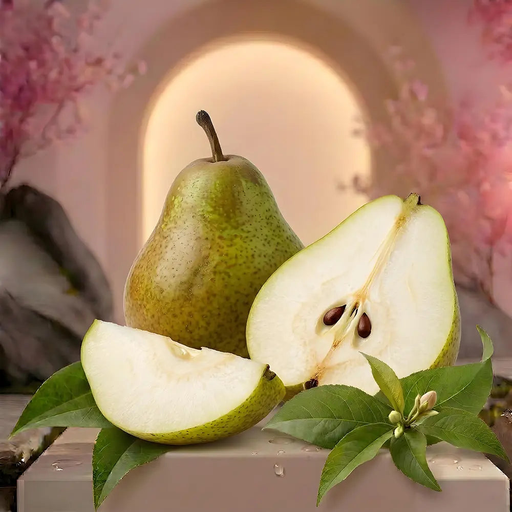 Pear with a sliced half on a decorative background
