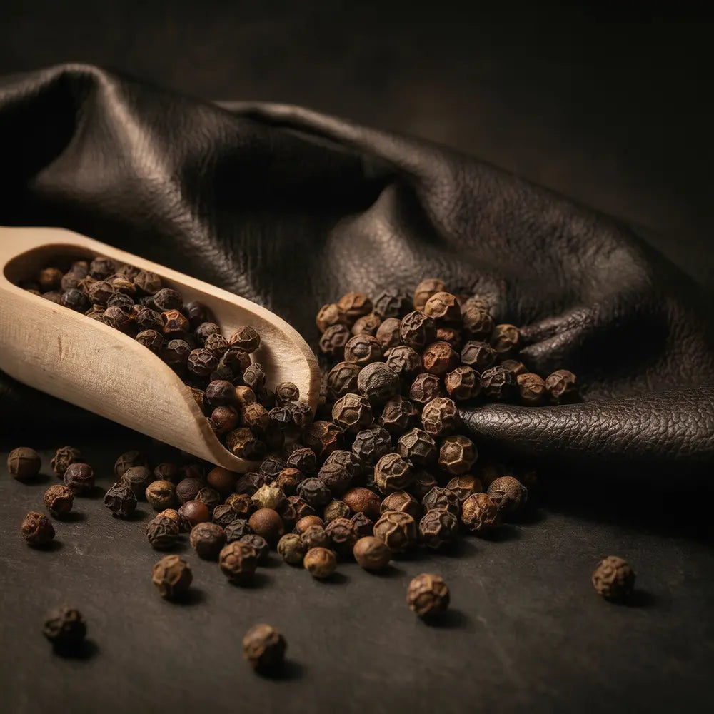 Black peppercorns with a wooden scoop on dark fabric