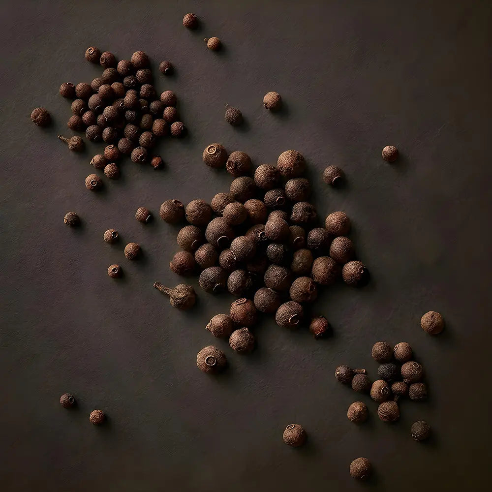 Black peppercorns scattered on a dark surface