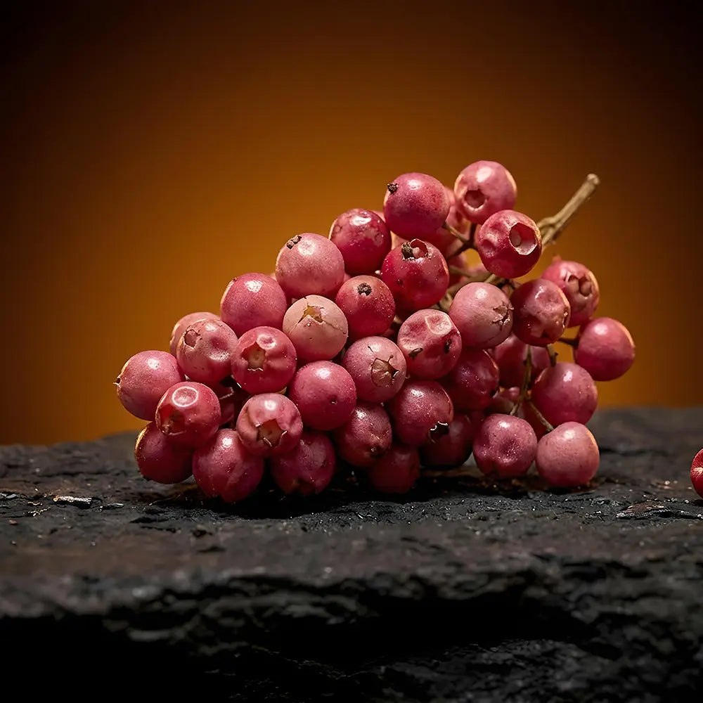 Pink peppercorn on a dark textured surface with a warm background.