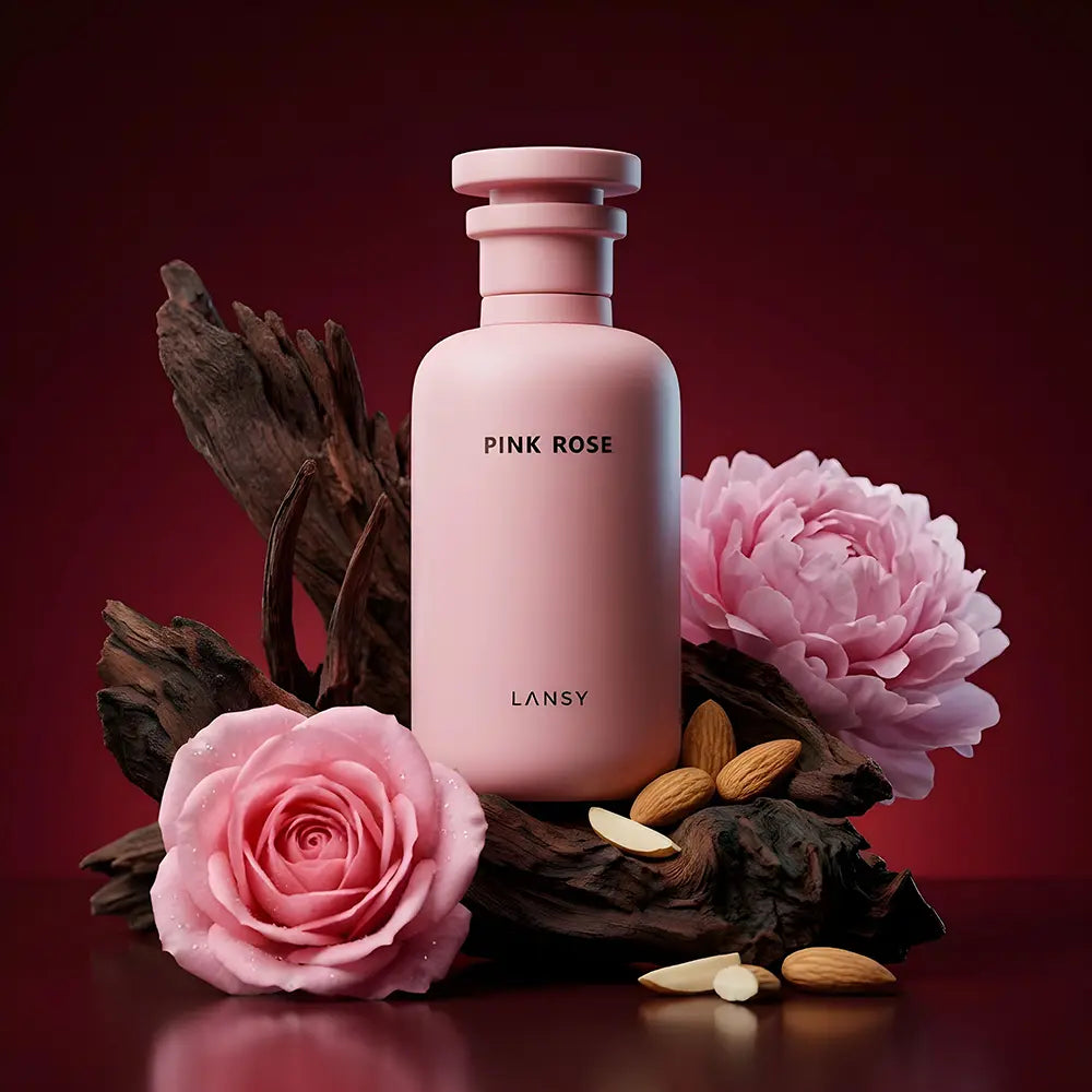Pink 'Pink Rose' LANSY perfume bottle with pink roses and almonds on a red background