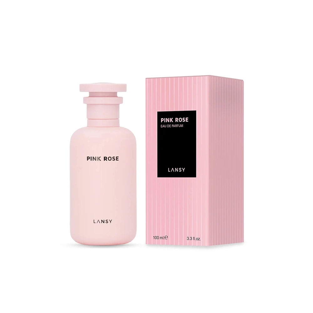 Lansy Pink Rose perfume bottle and packaging on a white background