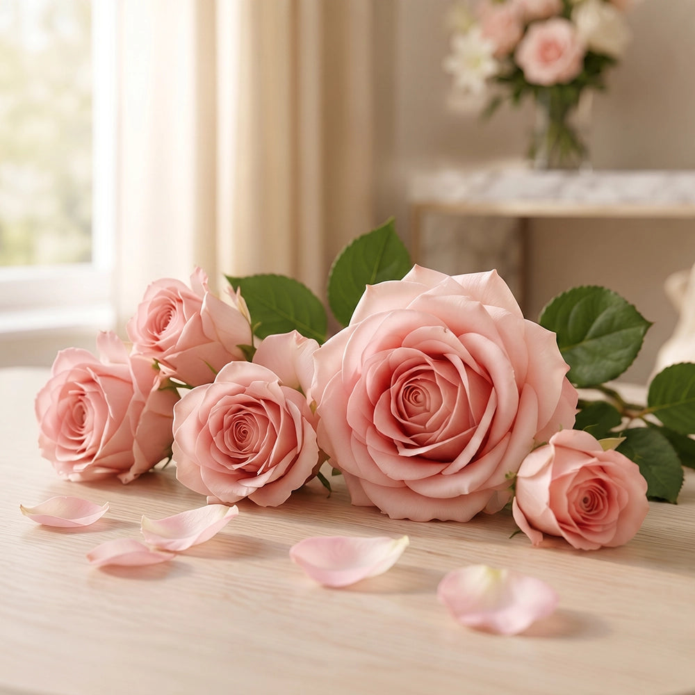 Soft pink roses with green leaves on a light wooden table.