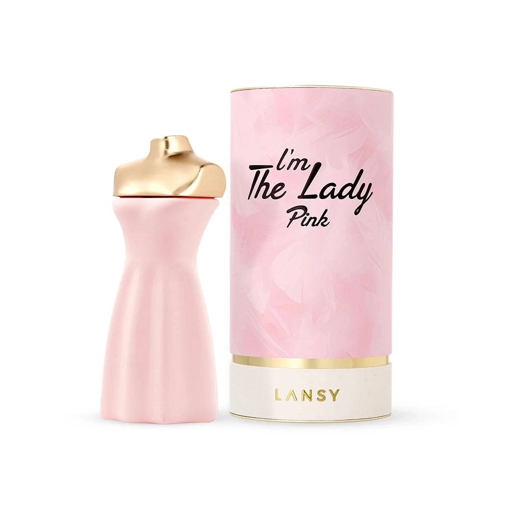 Pink perfume bottle and packaging with &