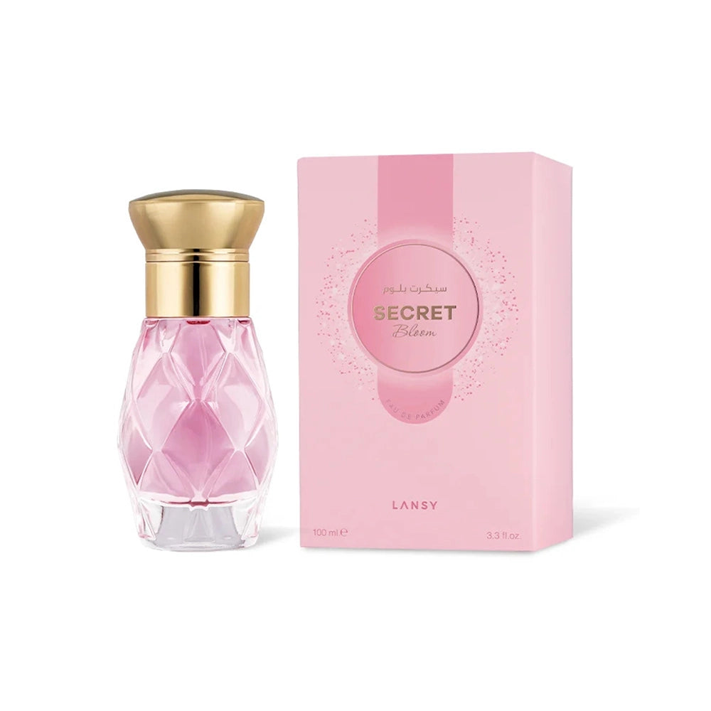 Pink perfume bottle with gold cap and matching pink box on a white background