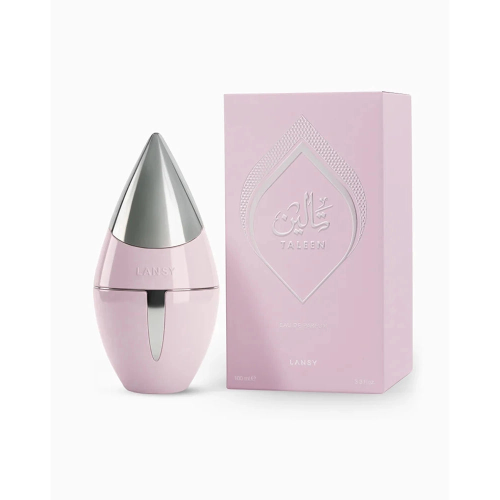 Pink perfume bottle with silver cap and matching box on a white background