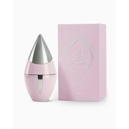 Pink perfume bottle with silver cap and matching box on a white background