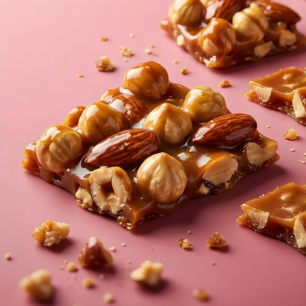 Praline with caramelized almonds and hazelnuts on a pink background.