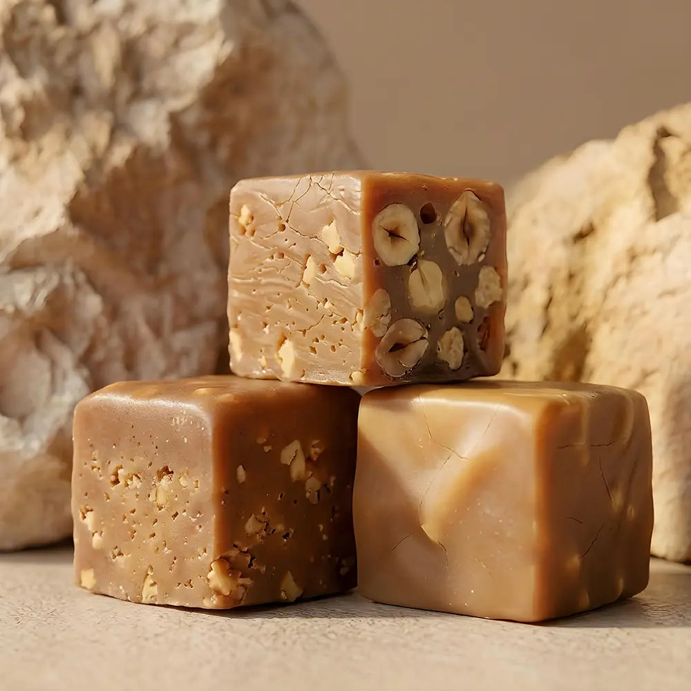 Praline nougat cubes with nuts on a warm textured background.