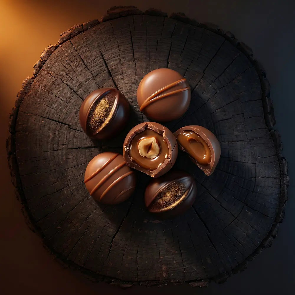 Chocolate truffles with caramel and nut filling on a dark wood surface.