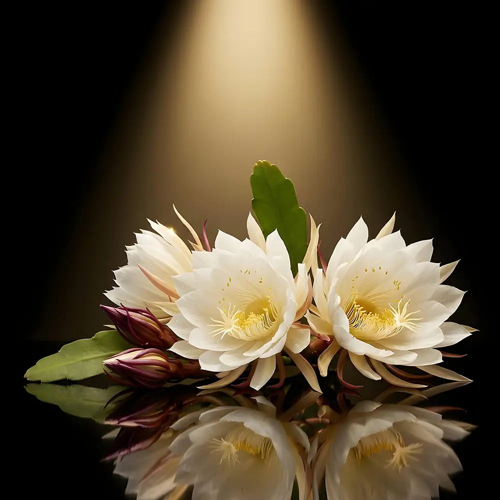 Two white flowers with a dark background