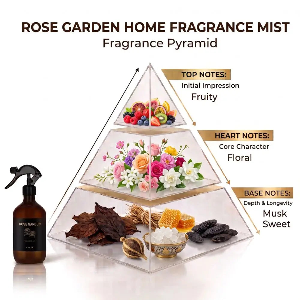 Fragrance pyramid graphic for Rose Garden Home Fragrance Mist listing top notes (Fruity), heart notes (Floral), and base notes (Musk, Sweet).
