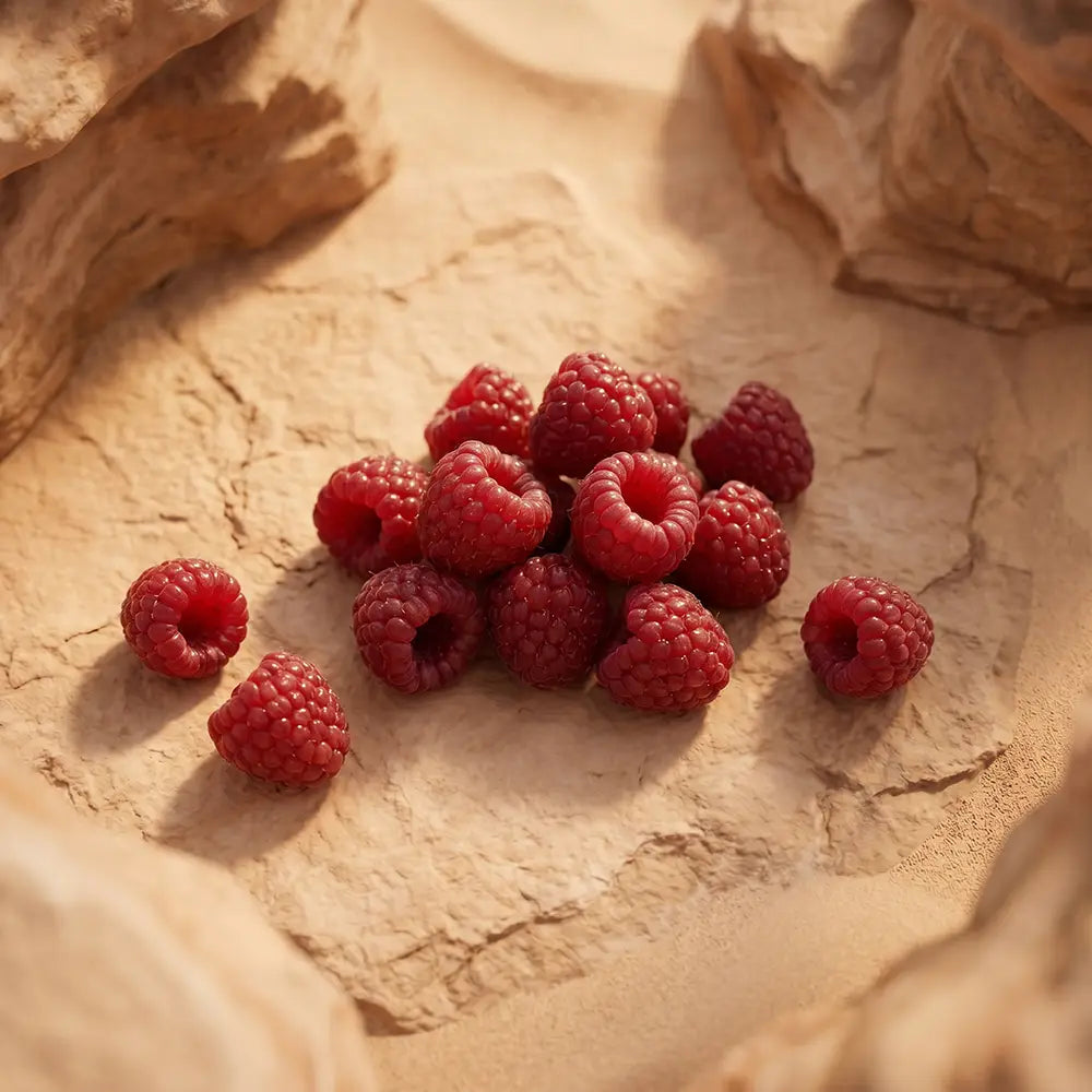 Fresh red raspberries arranged on a warm beige stone surface.