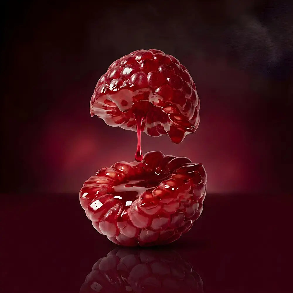 Red raspberry with a brain-like shape on a dark background