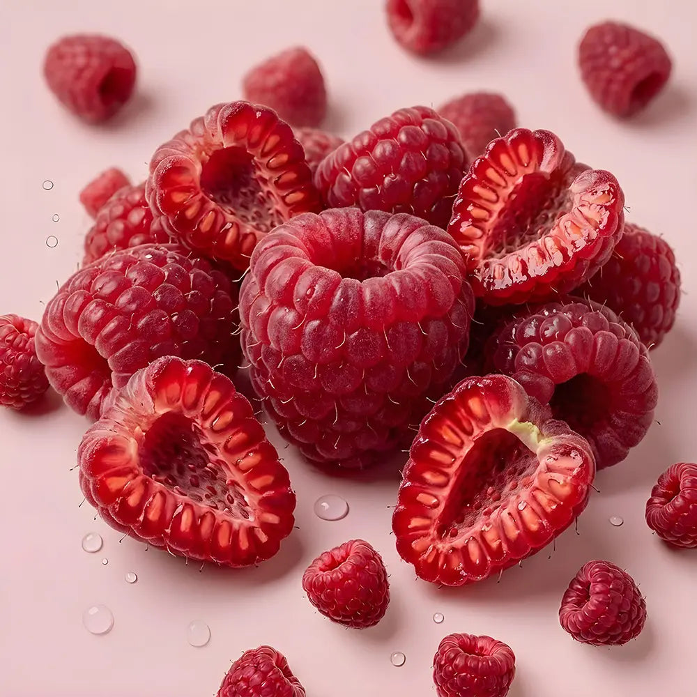Close-up of fresh raspberries on a light pink background