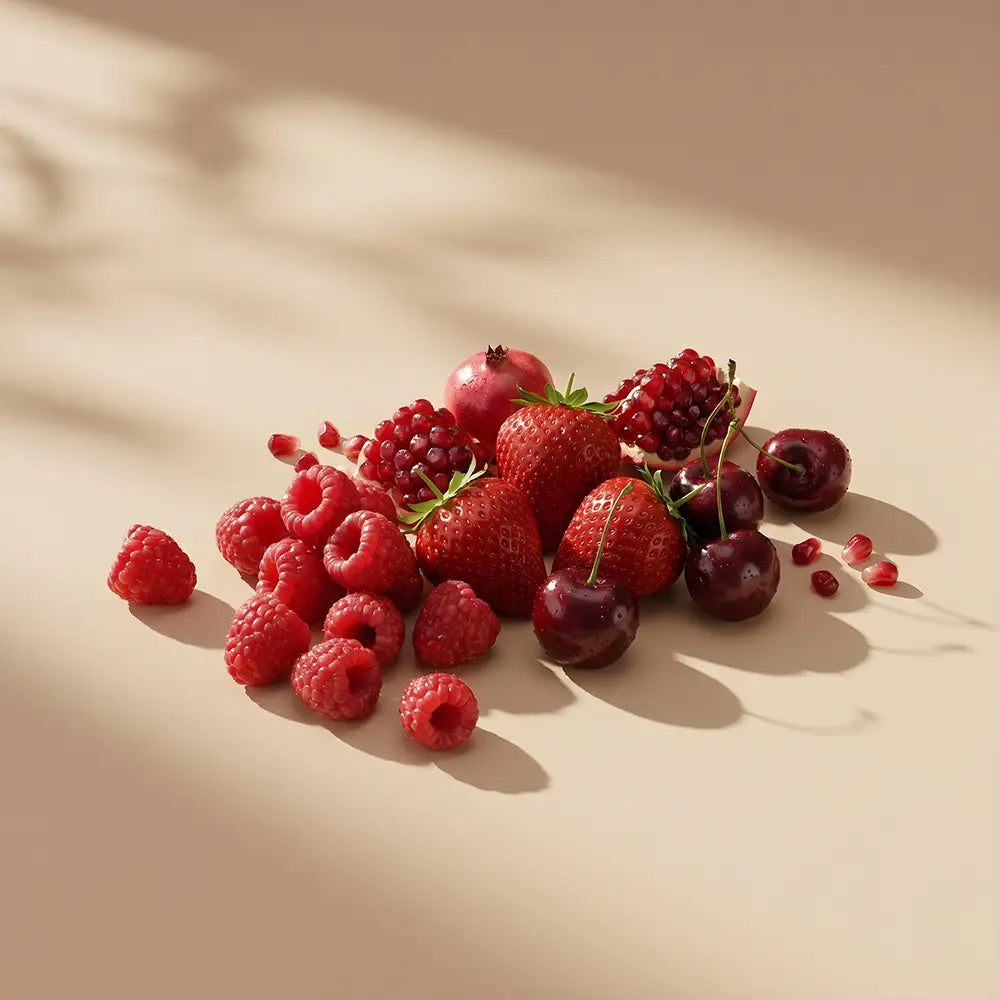 Fresh strawberries, raspberries, blackberries, cherries and pomegranate on a warm beige surface.