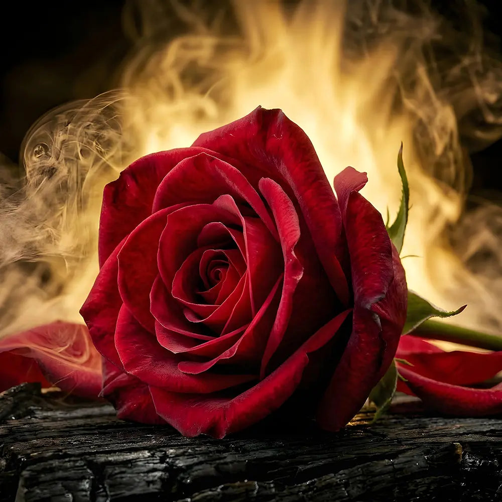 Deep red rose on a dark textured surface with glowing flames and smoke in the background.