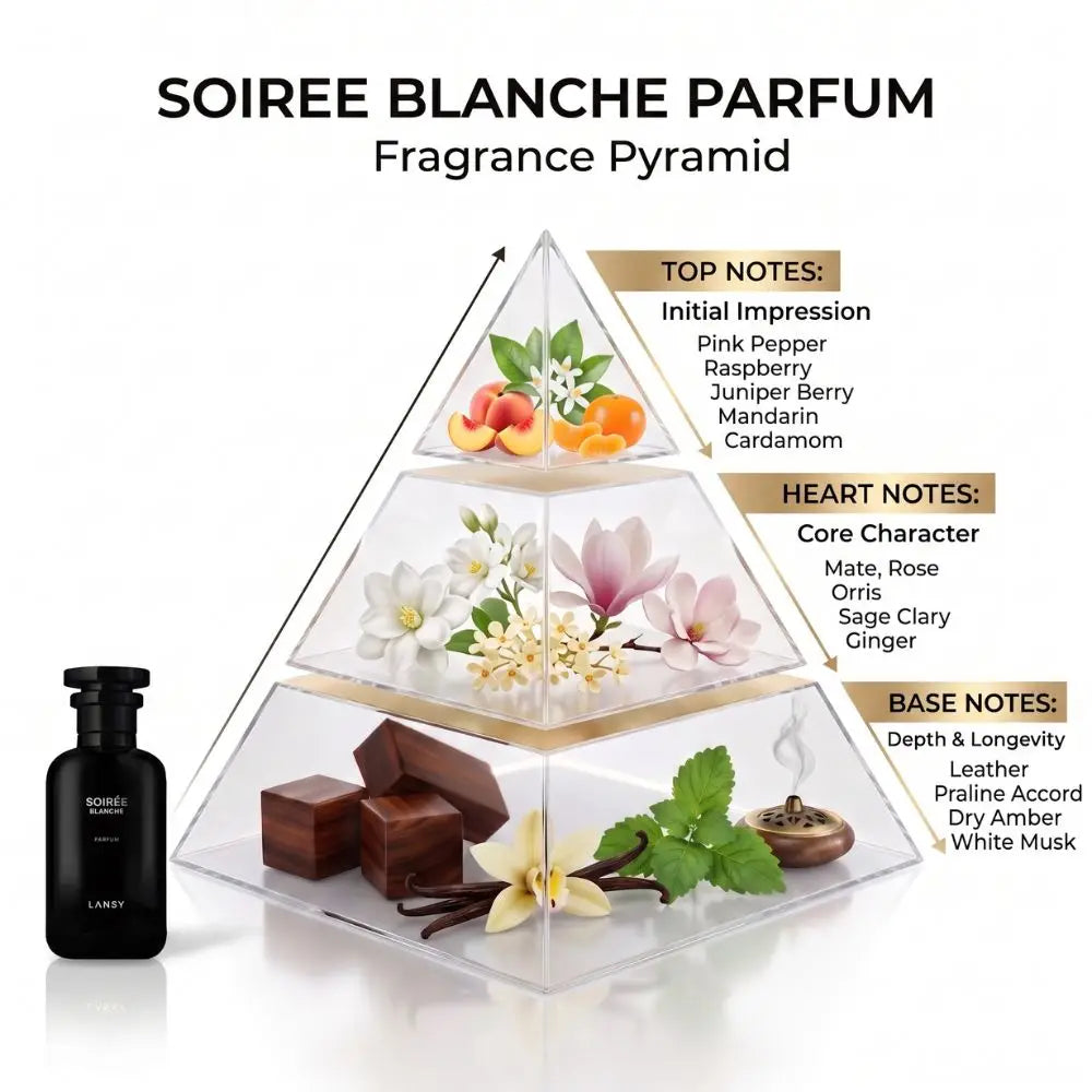 An infographic for Soiree Blanche Parfum detailing its "Fragrance Pyramid" next to a black perfume bottle. The pyramid is divided into three tiers with illustrated ingredients: Top Notes (Initial Impression) include pink pepper, raspberry, juniper berry, mandarin, and cardamom; Heart Notes (Core Character) include mate, rose, orris, sage clary, and ginger; Base Notes (Depth &amp; Longevity) include leather, praline accord, dry amber, and white musk.