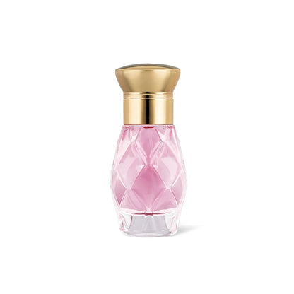 Pink perfume bottle with gold cap on a white background